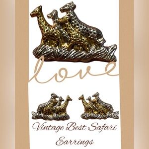 Vintage Signed BEST Giraffe Family Earrings Two Tone Gold Silver Safari EUC